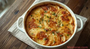 Golden French-style potato gratin without cream topped with melted cheese and parsley in a rustic baking dish