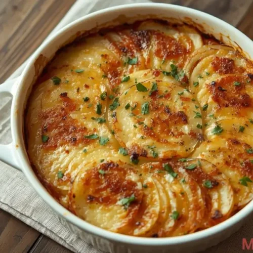 Golden French-style potato gratin without cream topped with melted cheese and parsley in a rustic baking dish