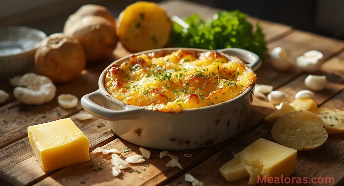 Golden-baked potato gratin resting after baking, topped with fresh parsley and cracked black pepper, ready to serve hot.