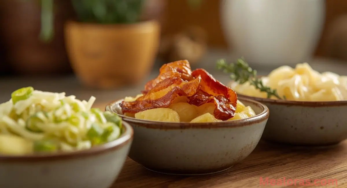 Potato gratin variations with leeks and Gruyère, bacon with thyme, and vegan ingredients on a rustic kitchen surface