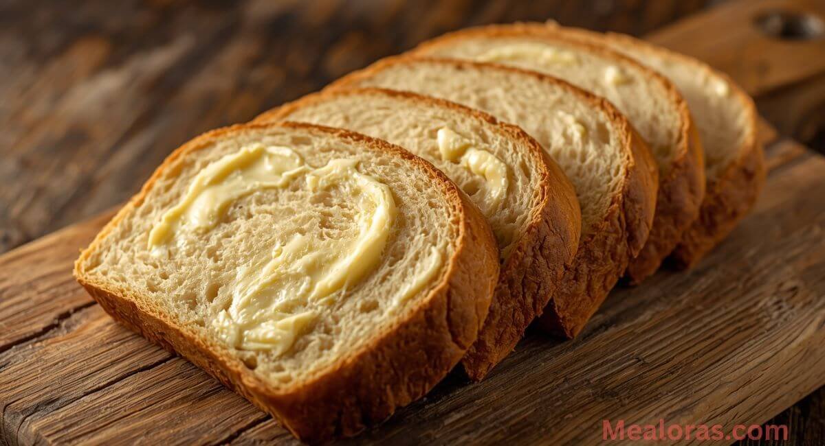 Thick-cut bread slices spread with butter on both sides on a rustic wooden surface