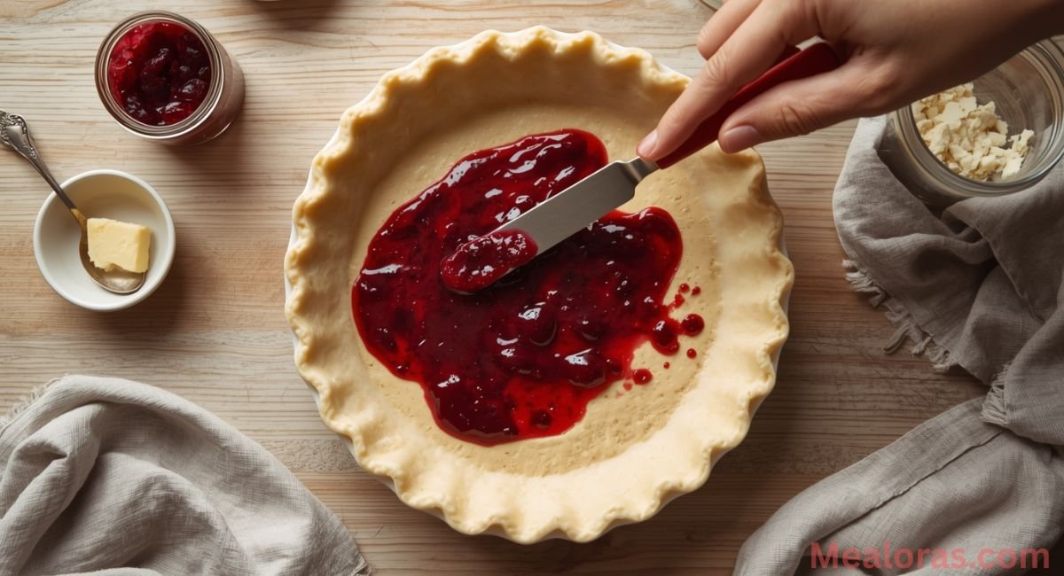 prepare-crust-elderberry-base Hand spreading elderberry preserves over a cooled graham cracker pie crust in a 9-inch dish, top-down view