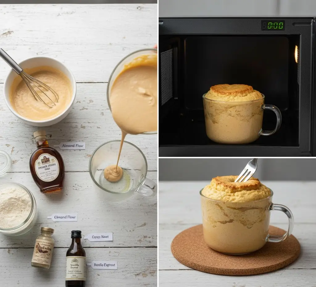 Pumpkin cinnamon protein mug cake with smooth batter, microwaved to fluffy perfection