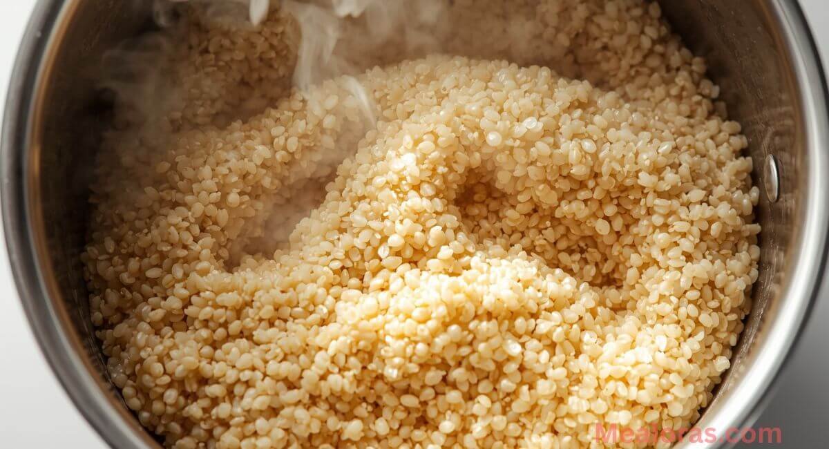 Fluffy cooked quinoa in a saucepan, perfectly tender and light, ideal for gluten-free salads