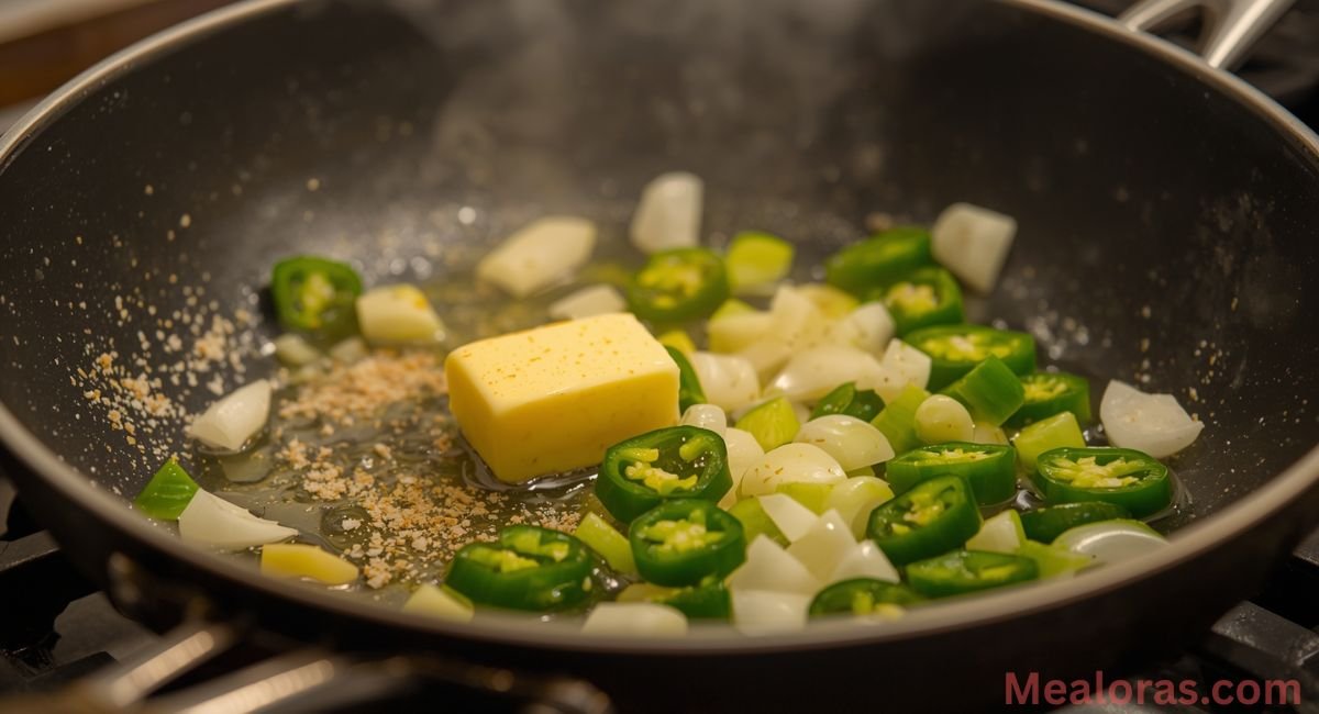 Sautéed leeks and diced jalapeños cooking in butter for Fleming’s potatoes