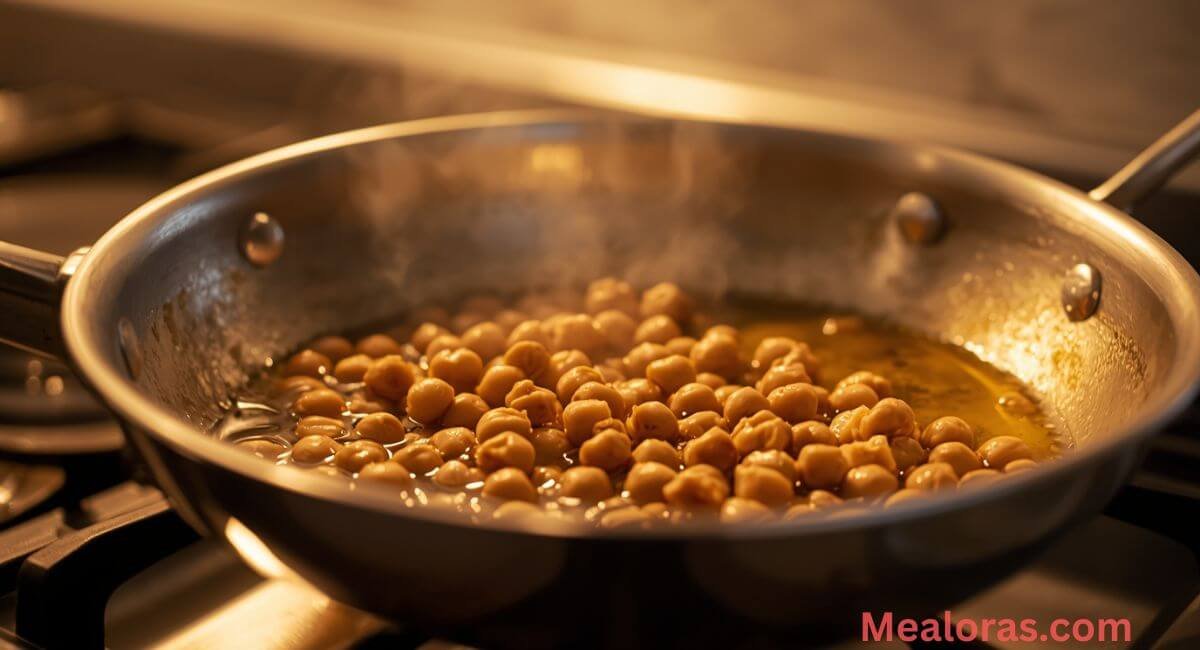 Golden chickpeas sizzling in olive oil, adding crisp texture and nutty aroma to quinoa salad