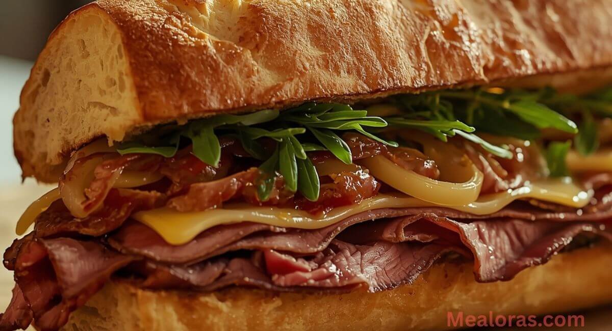 Buona Beef Tuna Genovese sandwich cut in half, showing juicy tuna, caramelized onions, and melted provolone on toasted ciabatta rolls