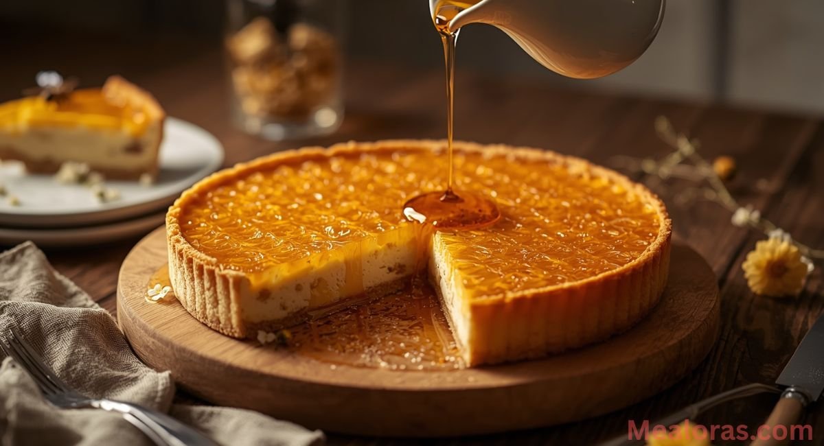 serve-drizzle-decorate-honeycomb-pie Finished honeycomb pie with one slice removed, amber elderflower syrup being drizzled over the patterned top, garnished with edible flowers