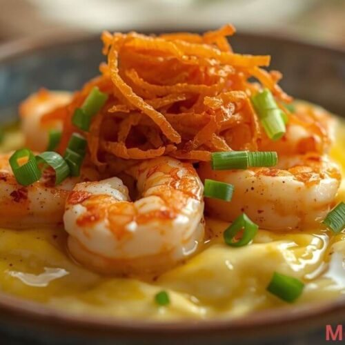 Serving cooked egg, tofu, and shrimp mixture with chili crisp and chopped green onions