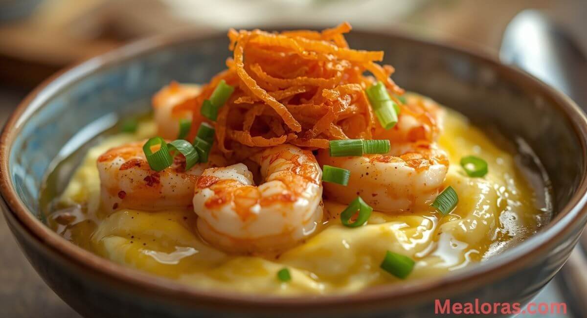 Serving cooked egg, tofu, and shrimp mixture with chili crisp and chopped green onions