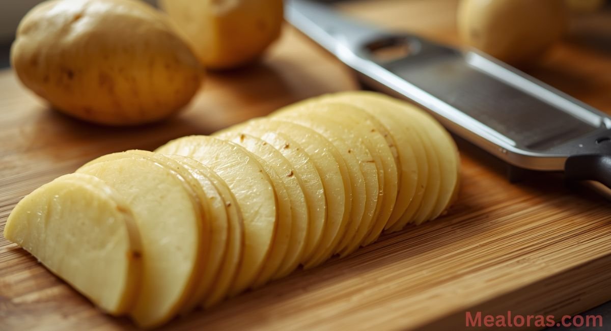 Thinly sliced russet potatoes on cutting board with mandoline for Fleming’s potatoes