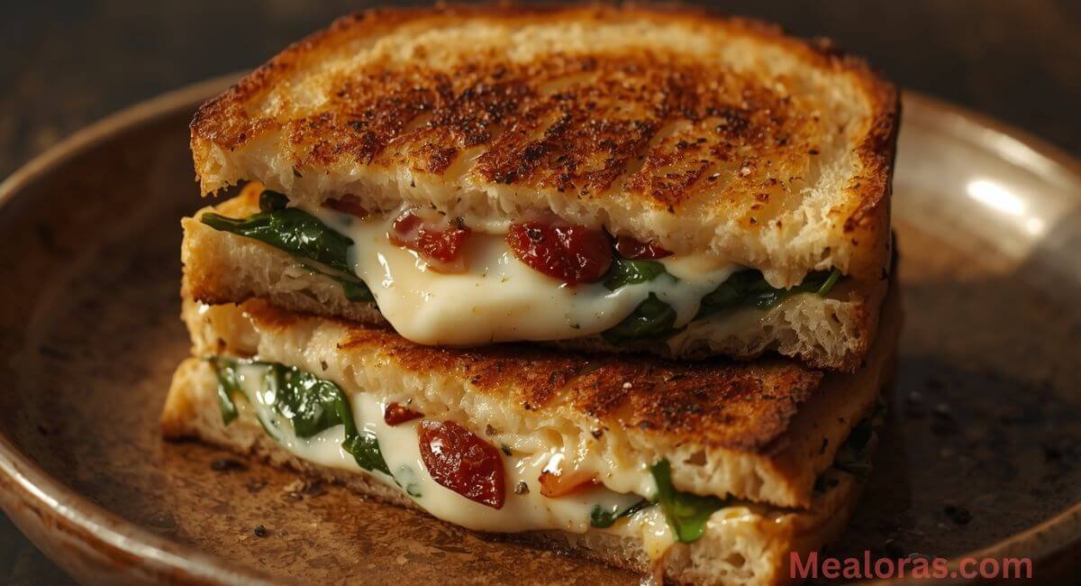slices of creamy ricotta and spinach grilled cheese with sun-dried tomatoes, cheese stretching, on a cutting board