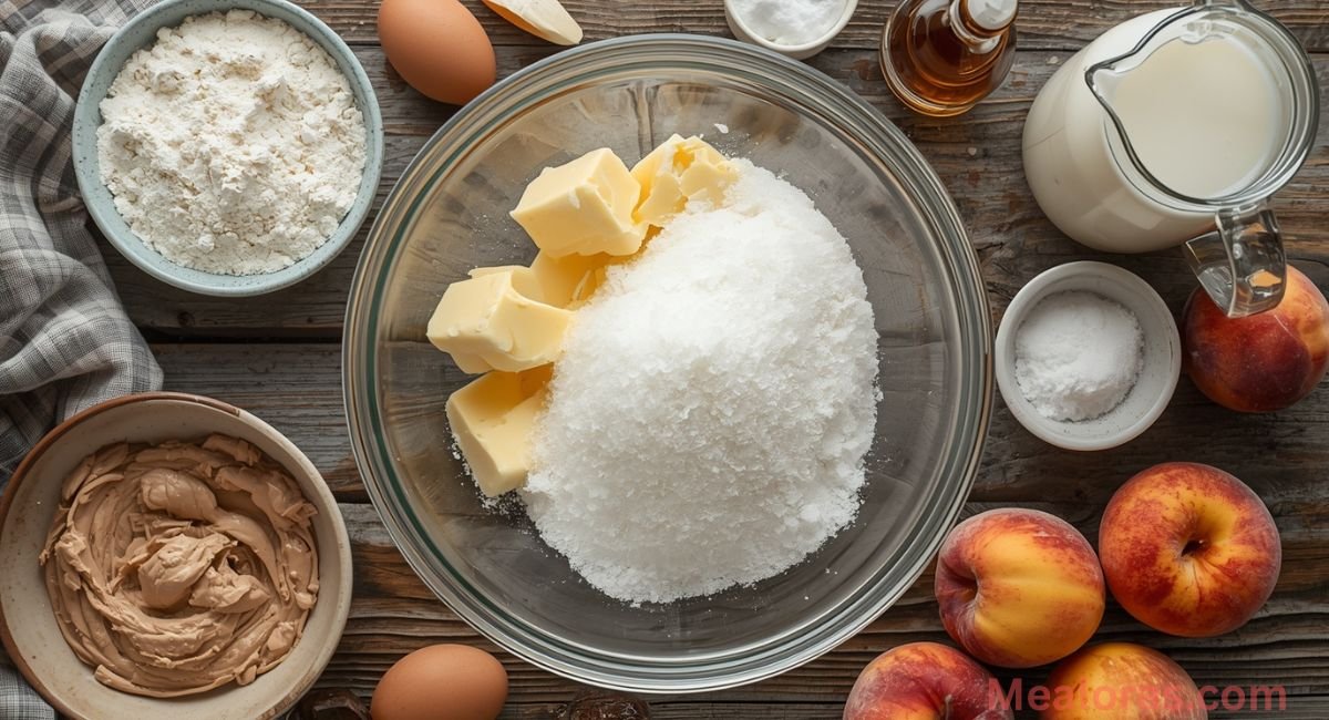 Close-up of Southern peach buttermilk pound cake topped with caramel glaze and peach slices