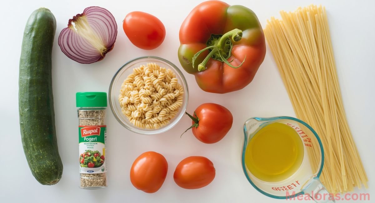 chopped fresh vegetables for spaghetti salad including bell peppers tomatoes cucumbers and red onion