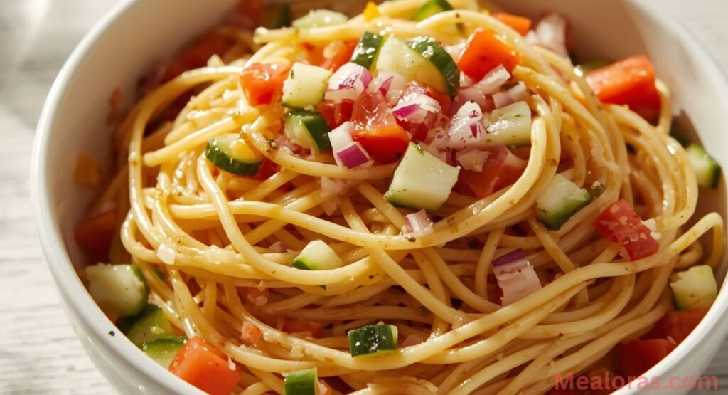 classic spaghetti salad with italian dressing and fresh vegetables served chilled