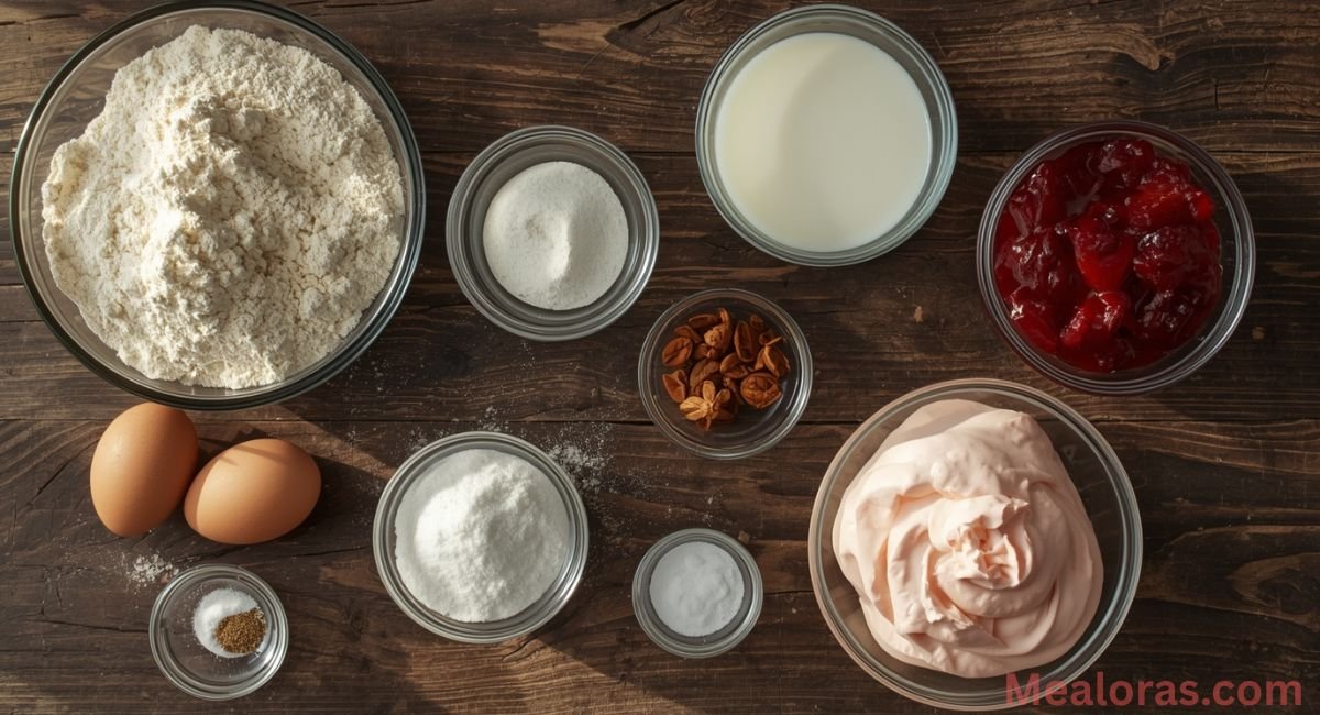 Flat lay of ingredients for strawberry honeybun cake including cake mix, sour cream, cinnamon, and strawberry jam