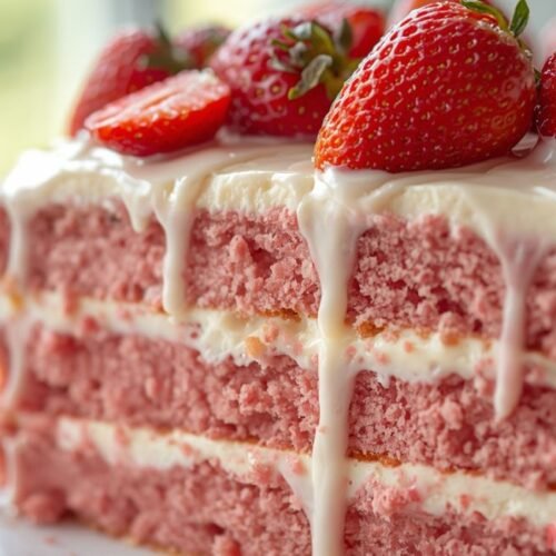 Close-up of moist strawberry honeybun cake drizzled with pink glaze and topped with fresh strawberries