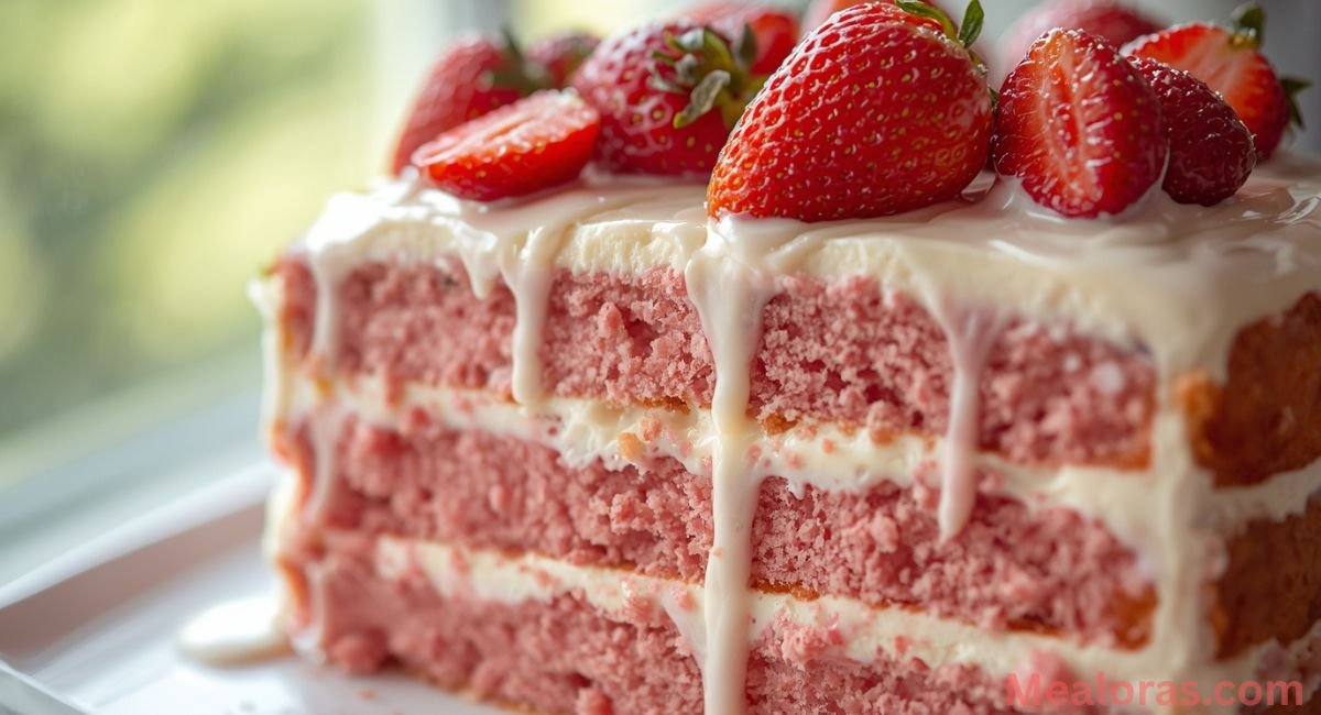 Close-up of moist strawberry honeybun cake drizzled with pink glaze and topped with fresh strawberries