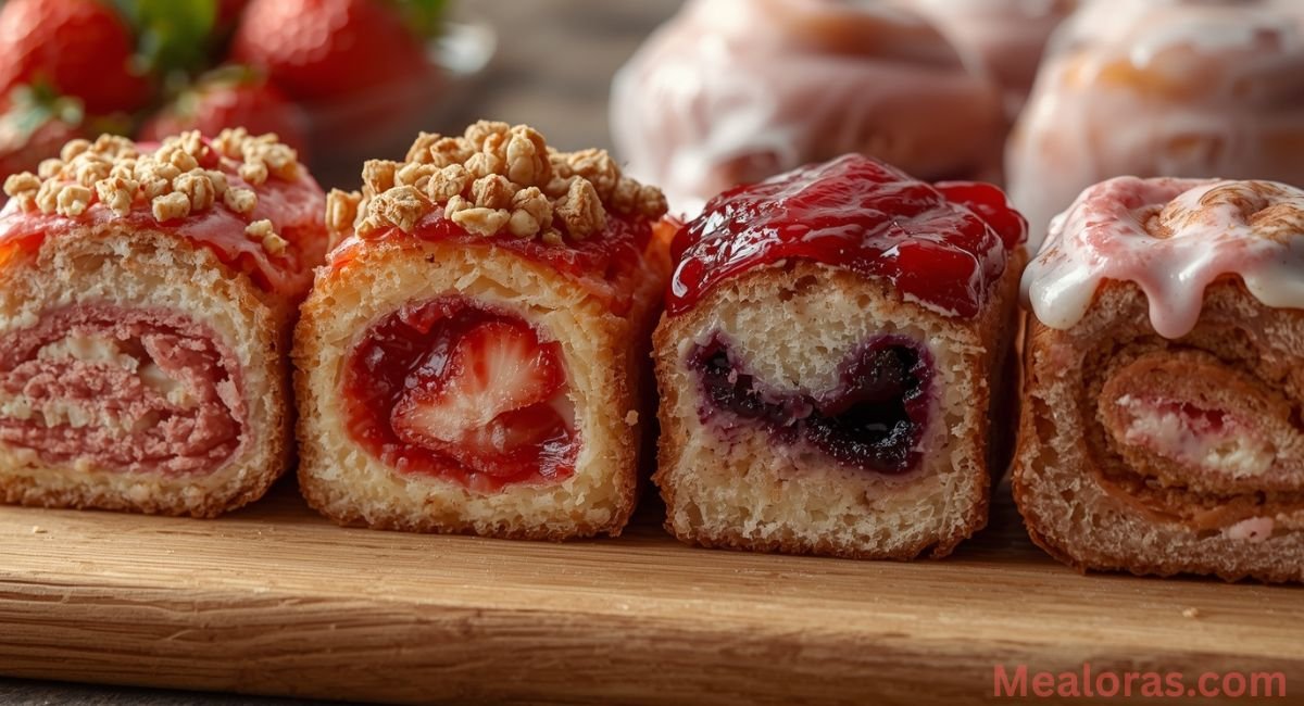 Close-up of four strawberry honeybun cake slices showing flavor variations — cheesecake layer, strawberry crunch topping, blueberry swirl, and strawberry cream glaze on a wooden board