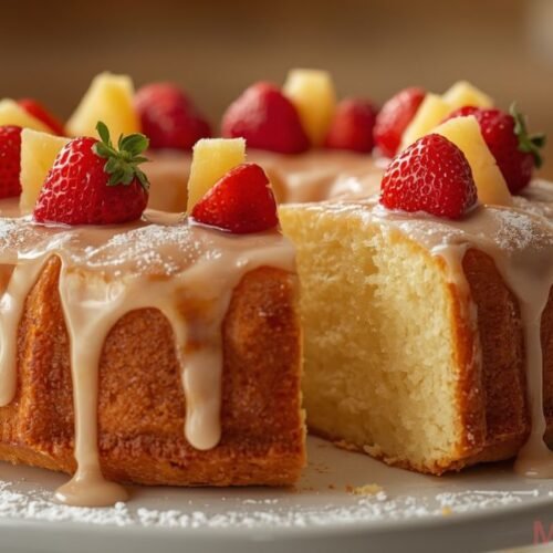 Summer fruit pound cake featuring strawberries and pineapple slices for garnish