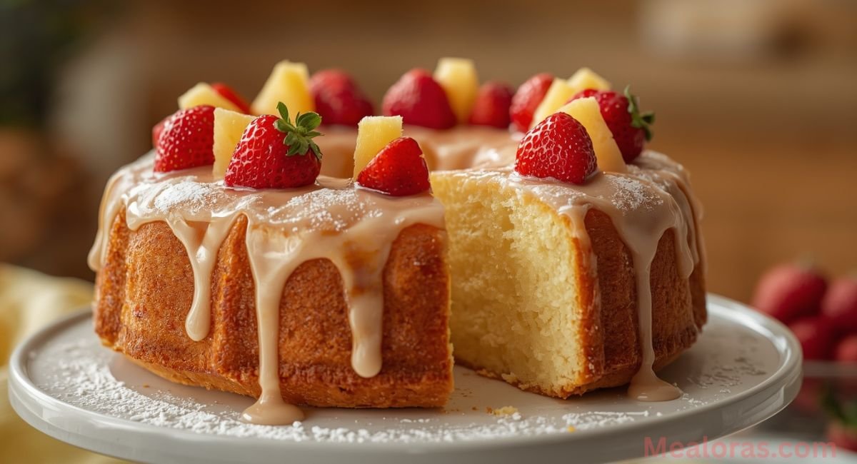 Summer fruit pound cake featuring strawberries and pineapple slices for garnish