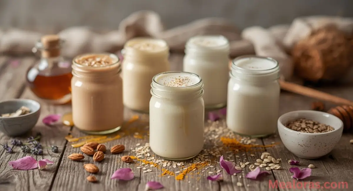 Summer moon milk variations with almond milk, honey drizzle, and floral toppings like lavender and rose