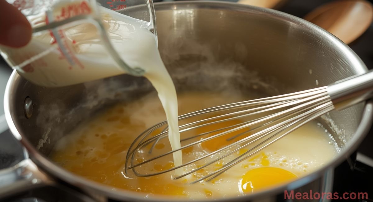 temper-custard-egg-yolks Simmering milk being slowly poured into whisked egg yolks and elderflower syrup, steam rising, close-up action