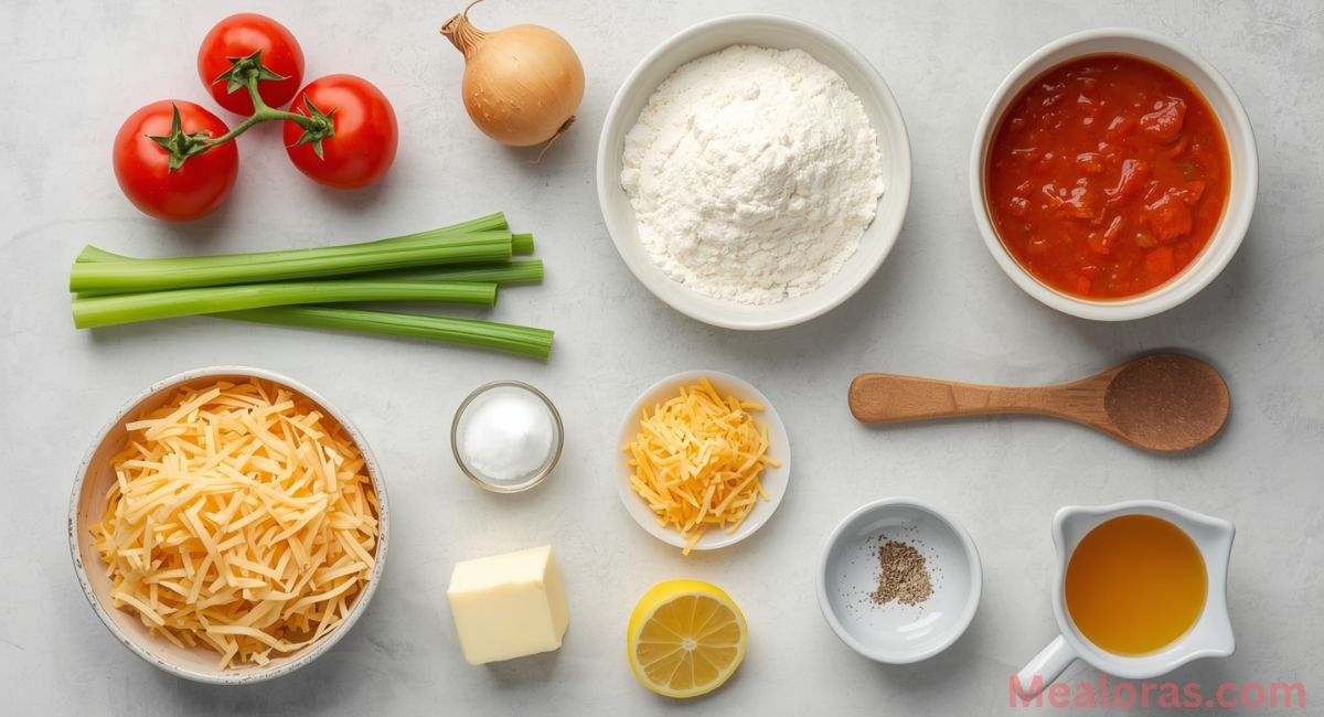 Flat lay of tomato bisque ingredients tomatoes, onions, celery, butter, flour, broth, cream, cheese, and seasonings on a rustic surface