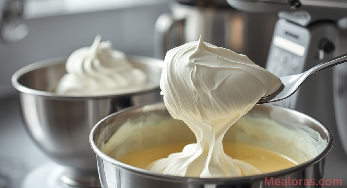 whip-and-fold-airy-custard Spatula gently folding whipped cream into cooled custard with bowls of stiff egg white and soft cream visible