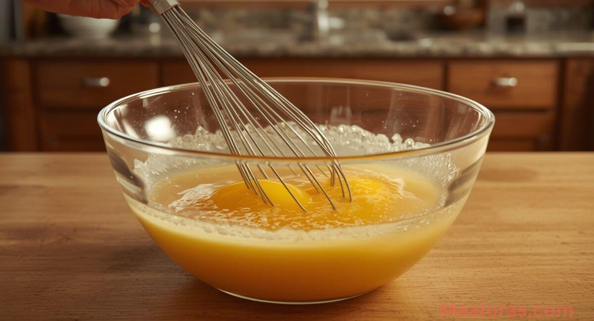 Whisking eggs in a microwave-safe bowl until smooth and frothy