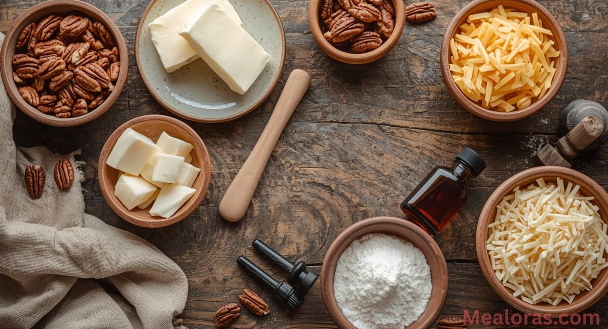 white-german-chocolate-cake-ingredients Ingredients for White German Chocolate Cake with Cheesecake Center — cream cheese, flour, butter, sugar, eggs, coconut, pecans, and vanilla arranged on a kitchen counter