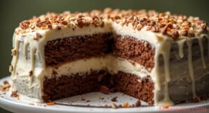 Moist slice of White German Chocolate Cake with creamy cheesecake center, topped with coconut, pecans, and dripping frosting