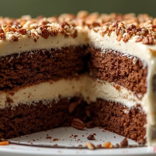 Moist slice of White German Chocolate Cake with creamy cheesecake center, topped with coconut, pecans, and dripping frosting