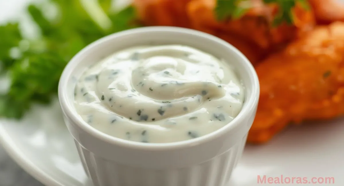 Creamy Copycat Wingstop Ranch served in a small bowl with wings, fries, chicken tenders, and fresh veggies ready for dipping