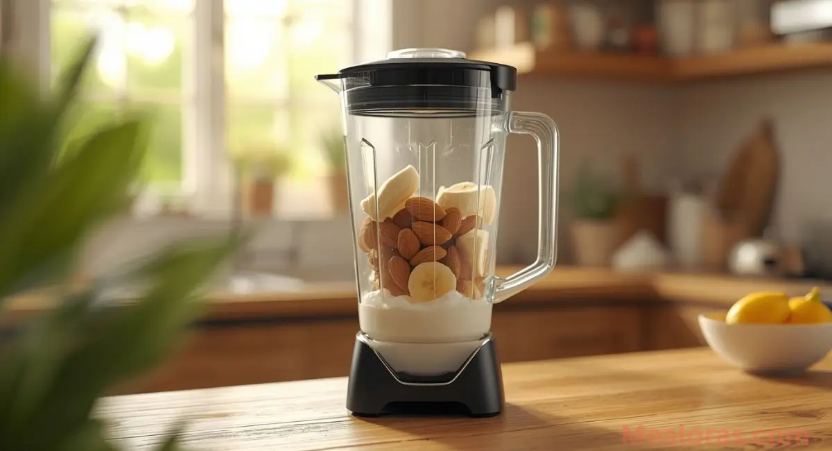 Banana, soaked almonds, cinnamon, and Persian blue salt added to blender for blue salt trick drink