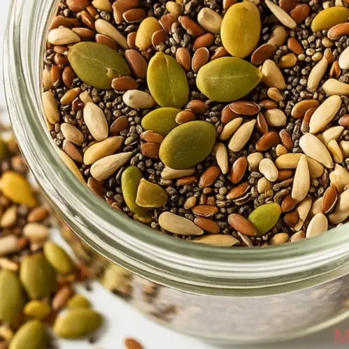 Bariatric seed recipe with flax, chia, pumpkin, and sunflower seeds in a glass bowl for healthy weight loss