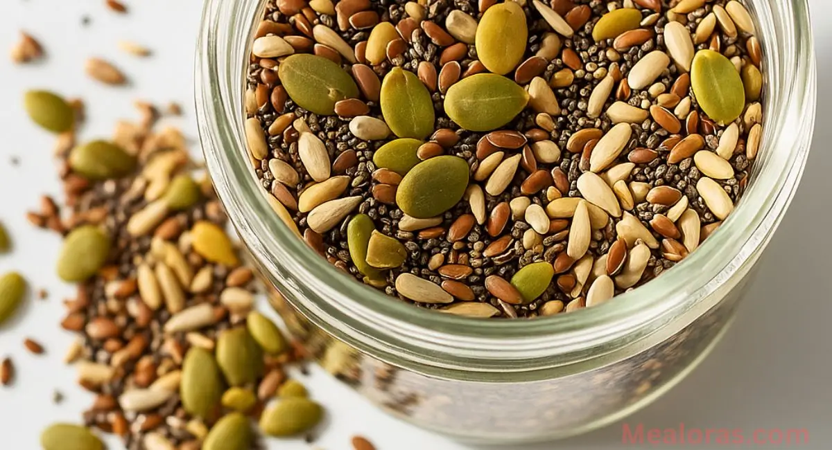 Bariatric seed recipe with flax, chia, pumpkin, and sunflower seeds in a glass bowl for healthy weight loss