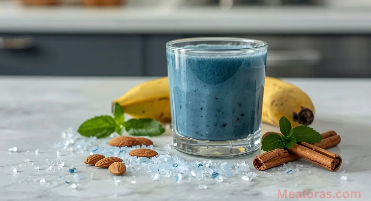 Freshly blended blue salt trick drink with Persian blue salt crystals, almonds, banana, cinnamon, and mint on a clean kitchen surface