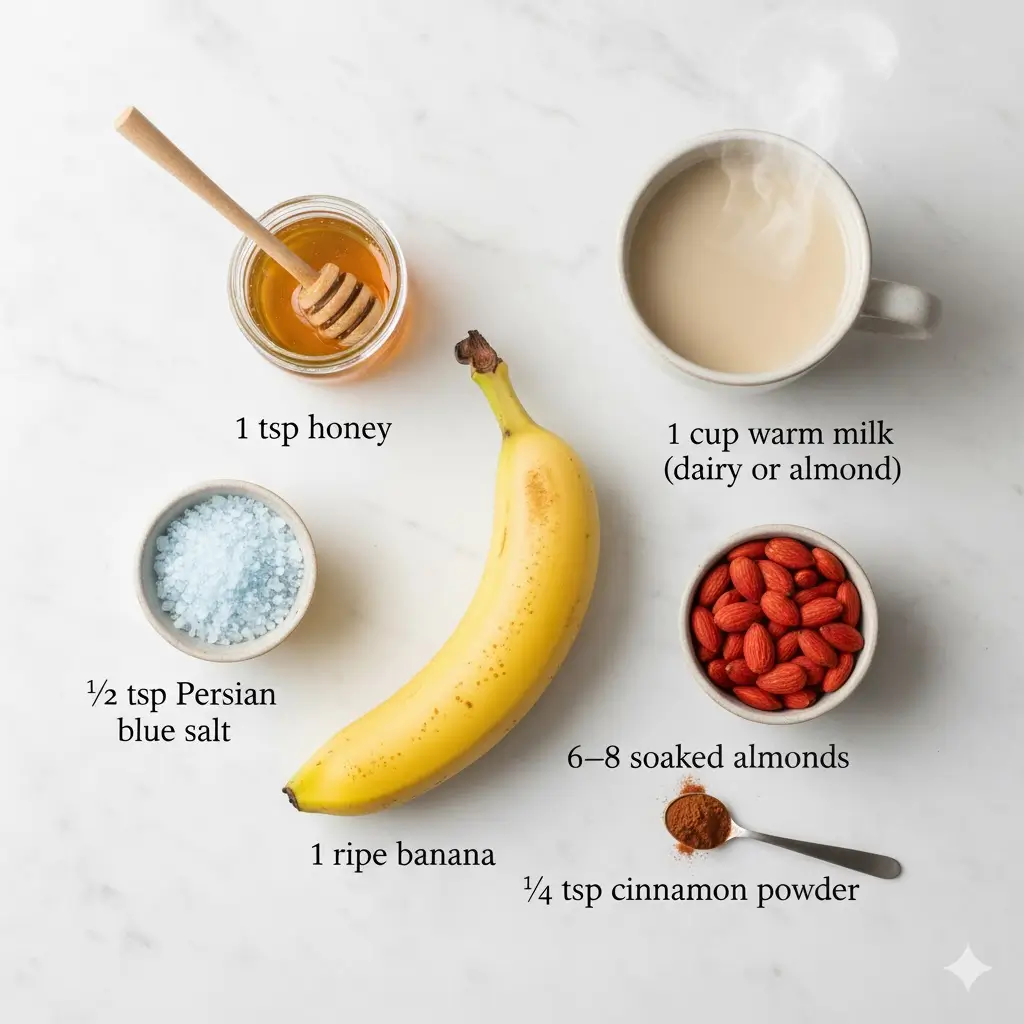 Persian blue salt, ingredients banana, almonds, honey, cinnamon, and milk arranged for blue salt trick recipe