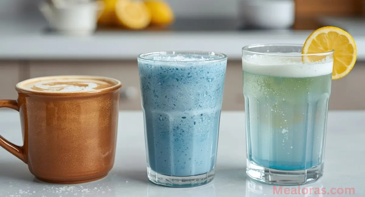 Three variations of the blue salt trick recipe: warm blue salt latte, protein power smoothie, and detox drink with lemon and turmeric