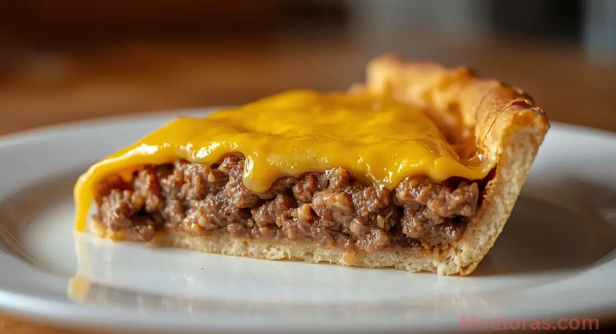 Sliced cheeseburger pie served warm with pickles and ketchup