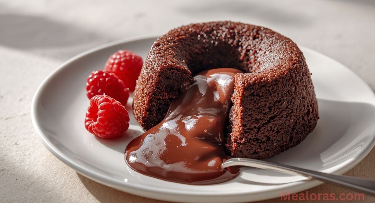 Rich chocolate coulant with molten center served with berries and cocoa dusting