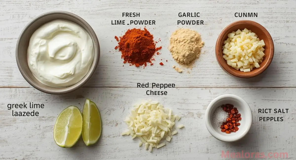 ngredients for creamy elote dressing laid out with Greek yogurt, lime, chili powder, and cotija cheese