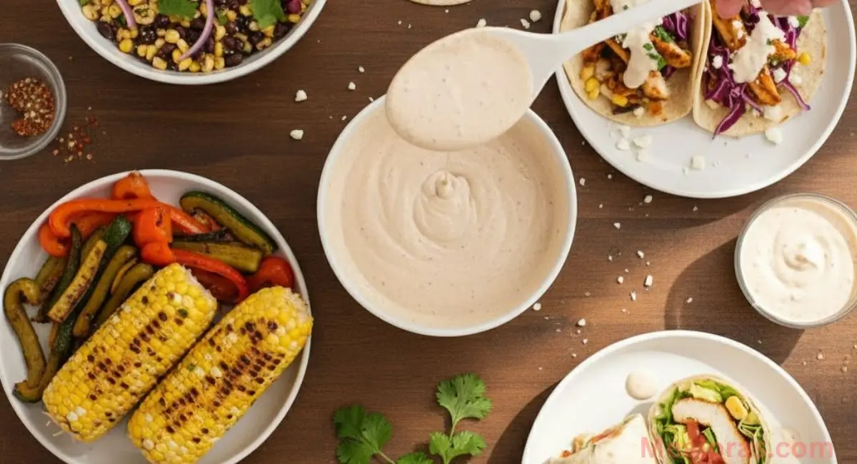 Creamy elote dressing drizzled over salads, tacos, roasted corn, and served as a dip for veggies and tortilla chips