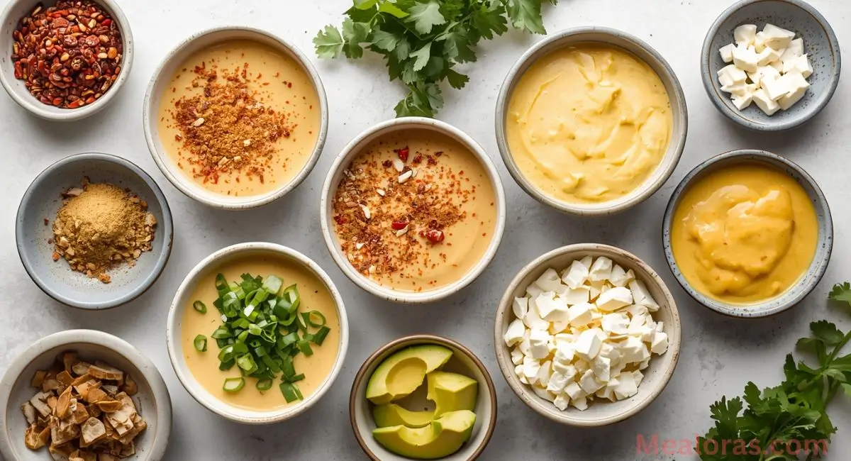 Variations of creamy elote dressing showing spicy, smoky, herb, and creamy avocado options