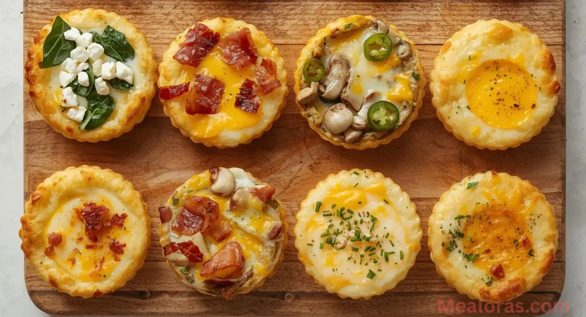 Different flavor variations of egg bites — spinach feta, bacon cheddar, mushroom swiss, chive cheese, jalapeño, and dairy
