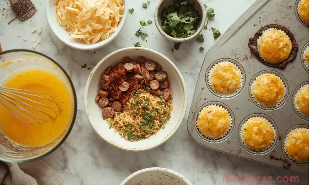 Step-by-step process for making fluffy baked egg bites — whisking eggs, filling muffin cups, and cooling after baking