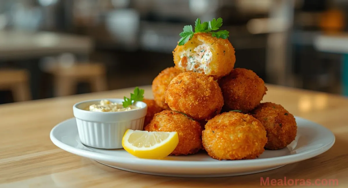 Served Famous Crab Bombs with lemon wedges and dipping sauces