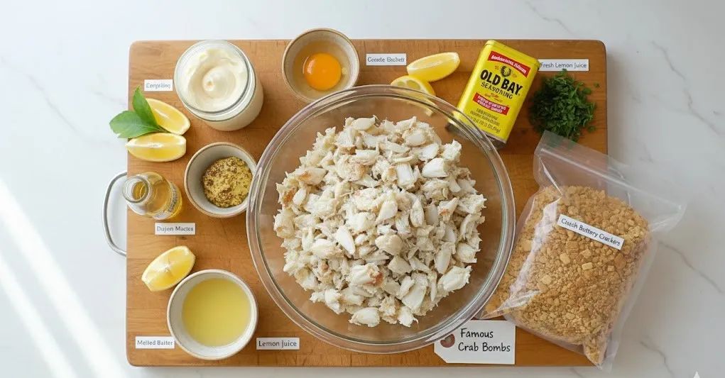 Ingredients for Famous Crab Bombs recipe on kitchen counter
