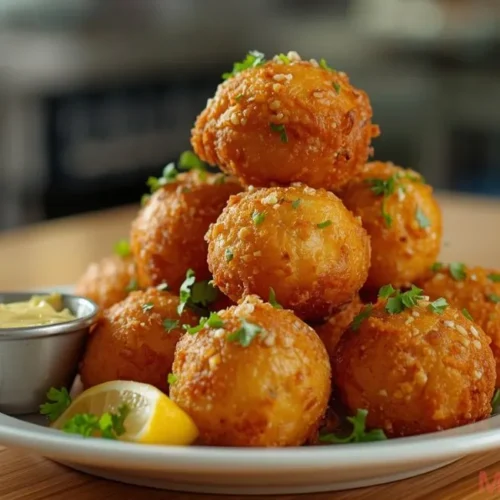 Famous Crab Bombs with jumbo lump crab and lemon wedges